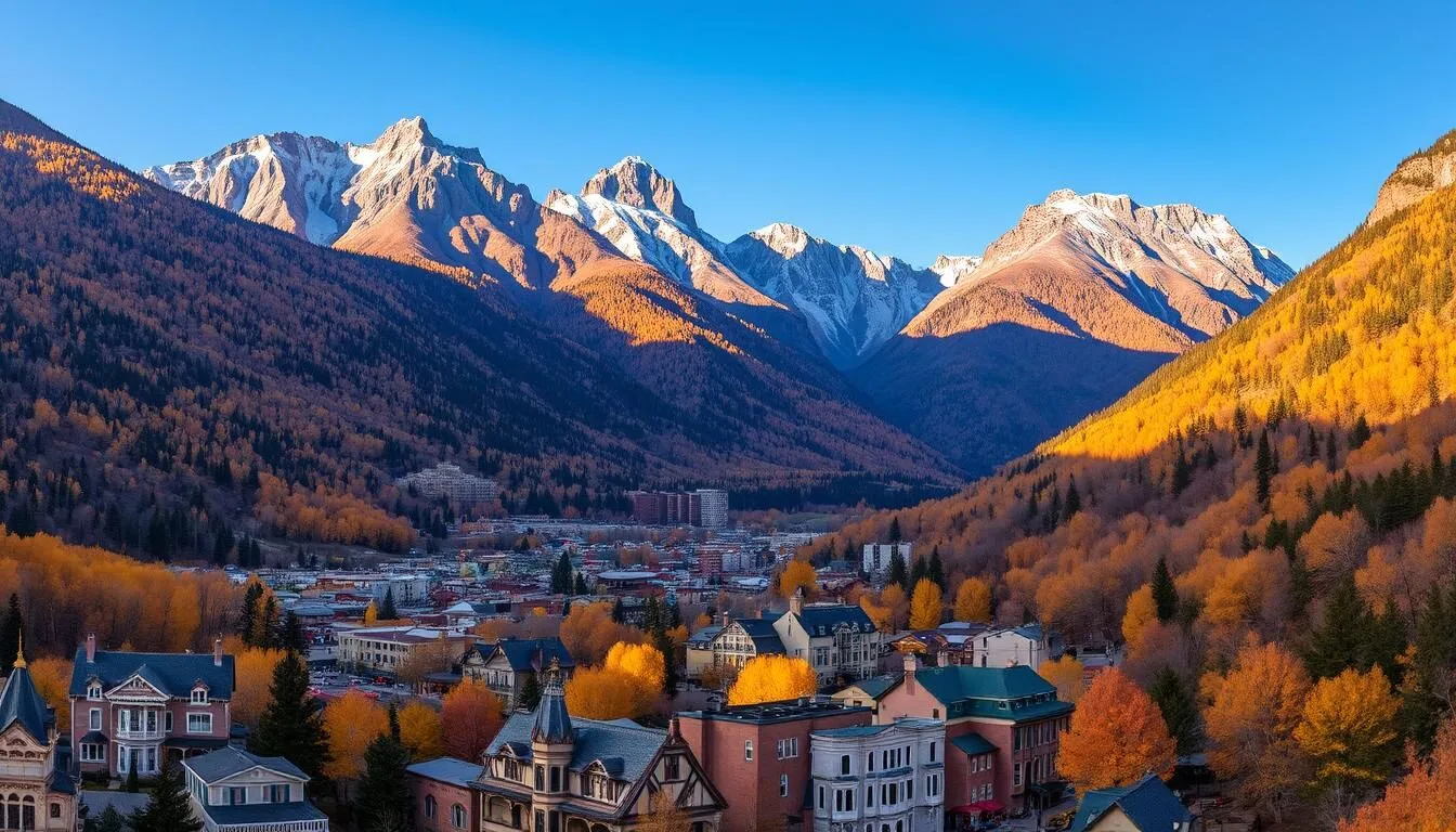 Panoramic view of Ouray, Colorado nestled in the San Juan Mountains with colorful fall foliage surrounding the town