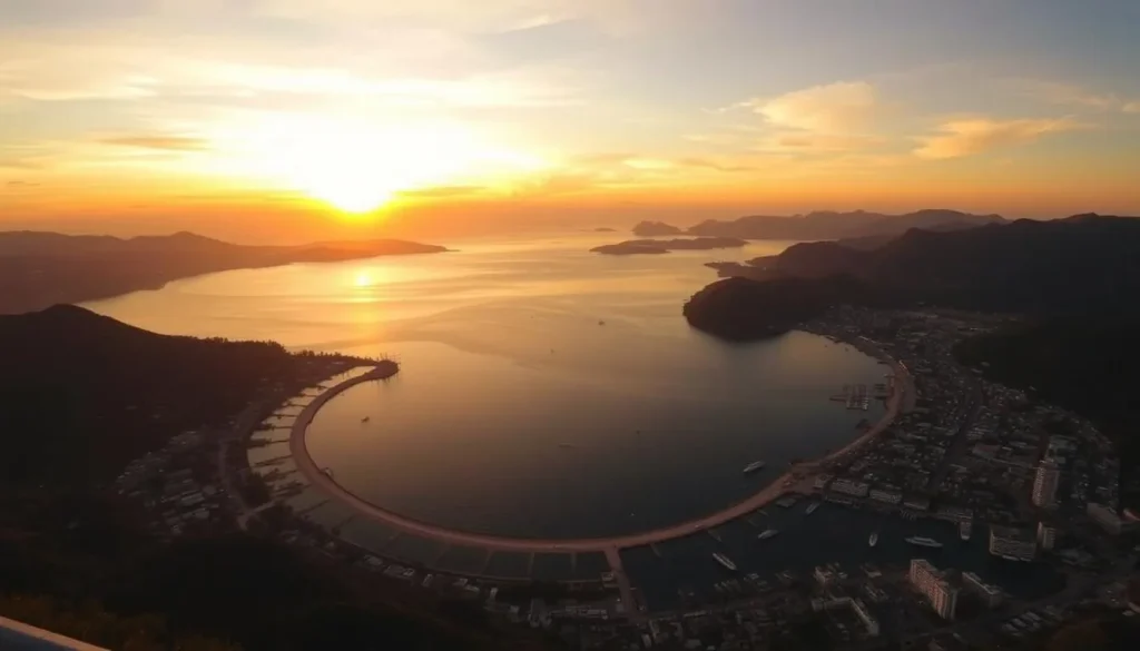 Panoramic view of Palu bay at sunset with mountains and city lights