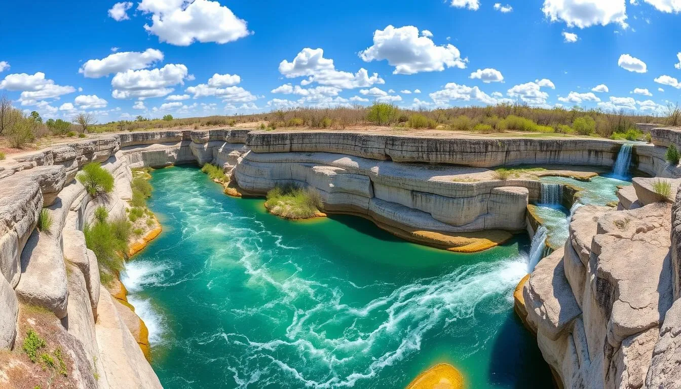Panoramic-view-of-Pedernales-Falls-with-cascading-water-flowing-over-limestone-formations-in Panoramic view of Pedernales Falls with cascading water flowing over limestone formations in Texas Hill Country
