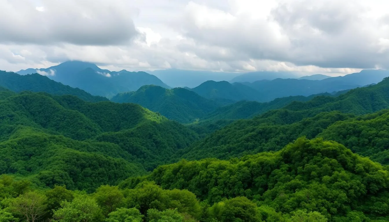 Panoramic view of Phou Luang Massif mountains in Laos with lush green forests and misty peaks