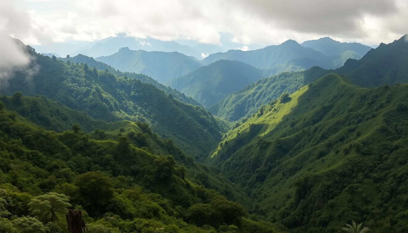 Panoramic view of Pico Pijol National Park showing lush cloud forest and mountain peaks in Honduras
