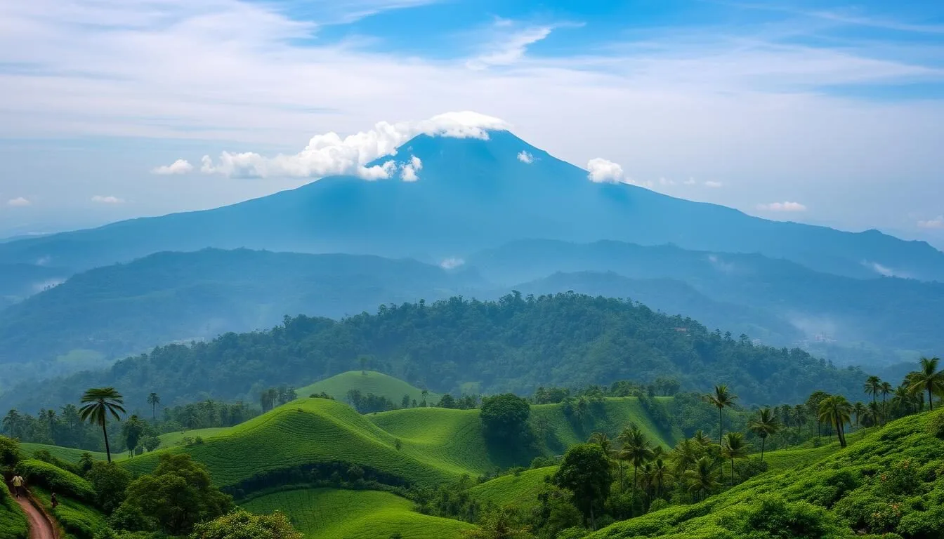 Panoramic view of Pidurutalagala (Mount Pedro) rising above the misty hills of Nuwara Eliya, Sri Lanka