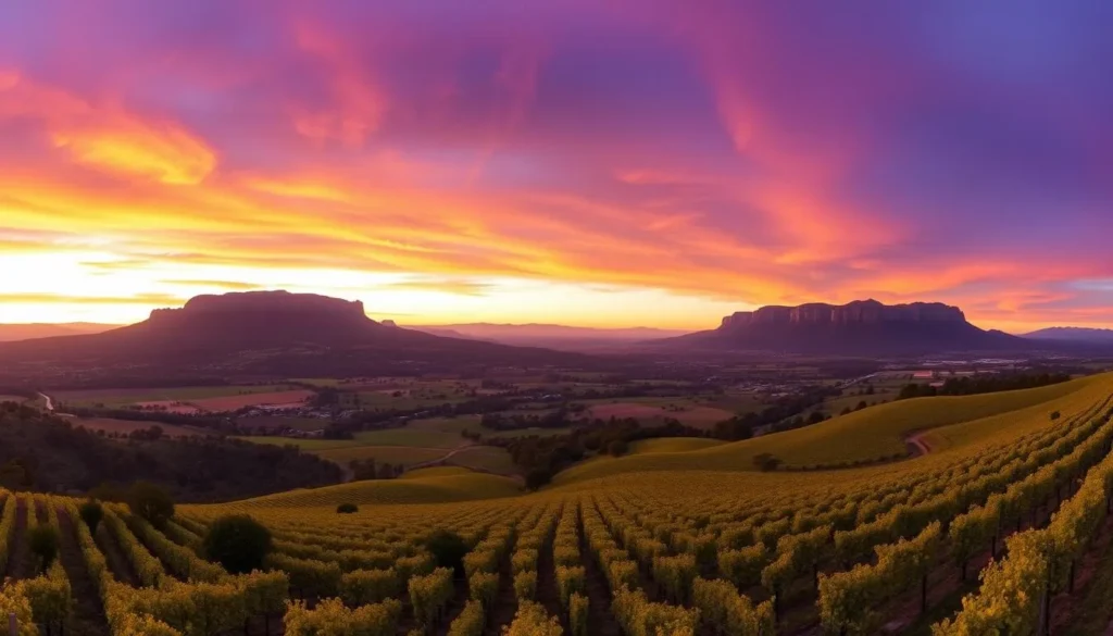 Panoramic view of Pokolbin vineyards with Brokenback Mountain Range at sunset Panoramic view of Pokolbin vineyards with Brokenback Mountain Range at sunset