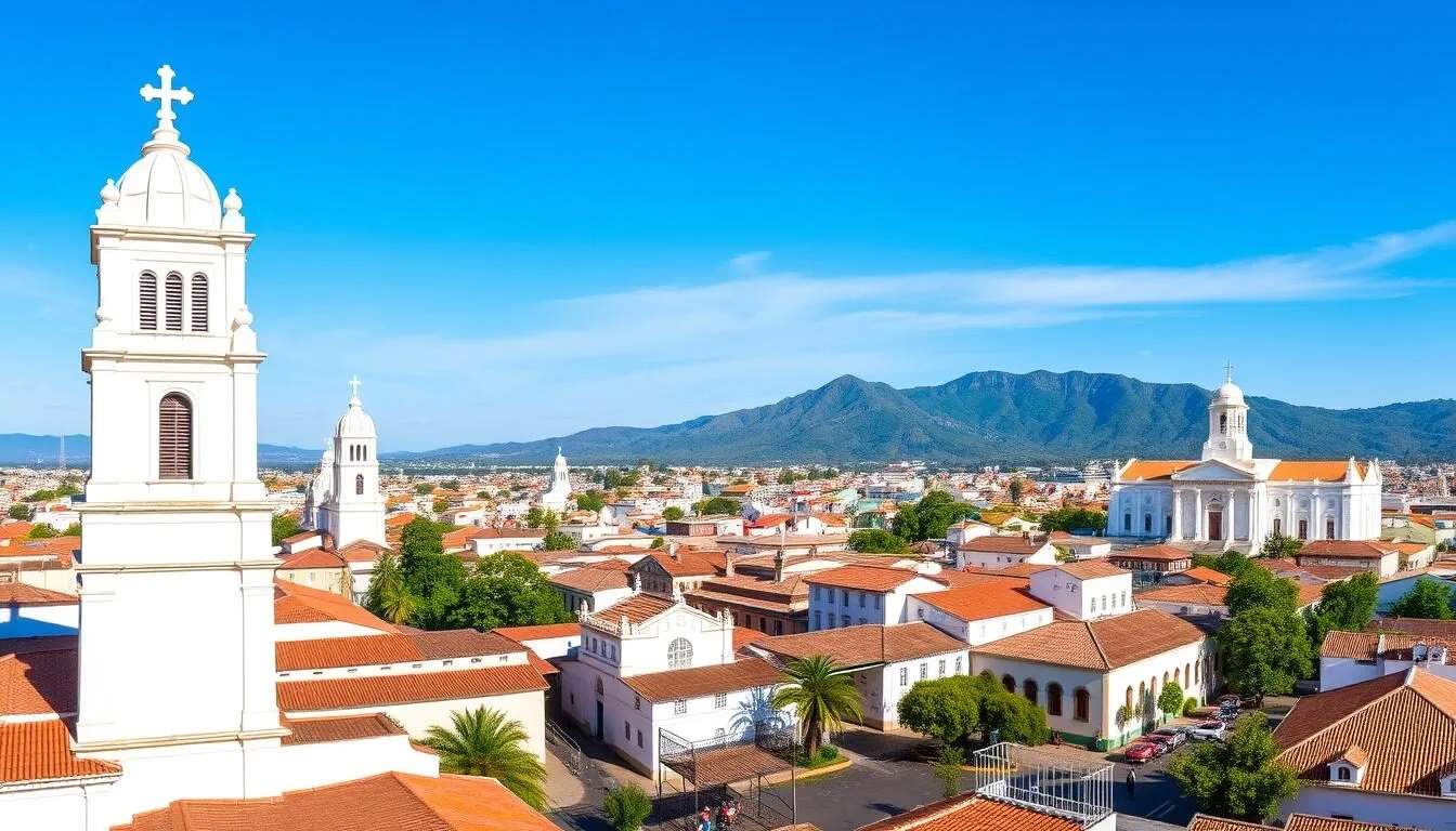Panoramic view of Popayan Colombia's white colonial buildings and church towers under blue sky