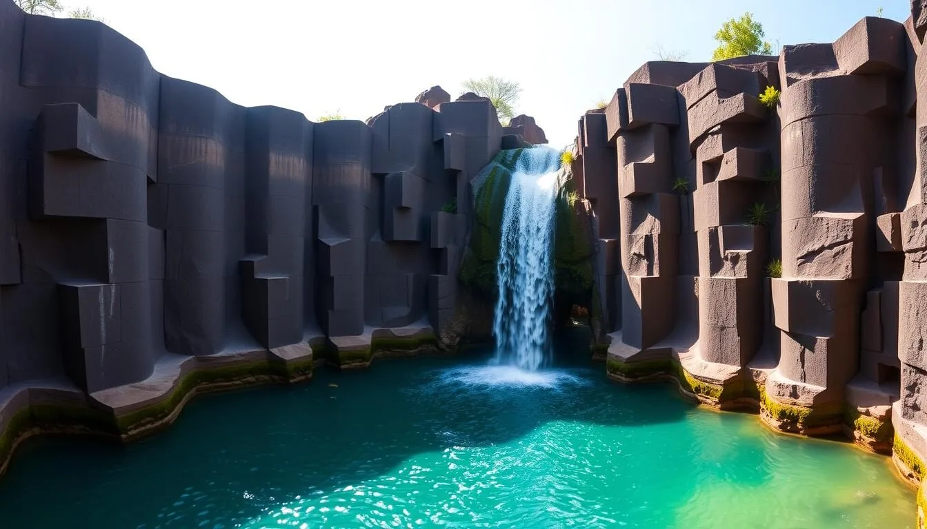 Panoramic-view-of-Prismas-Basalticos-in-Hidalgo-Mexico-showing-the-magnificent-basalt-columns- Panoramic view of Prismas Basálticos in Hidalgo, Mexico showing the magnificent basalt columns and waterfall