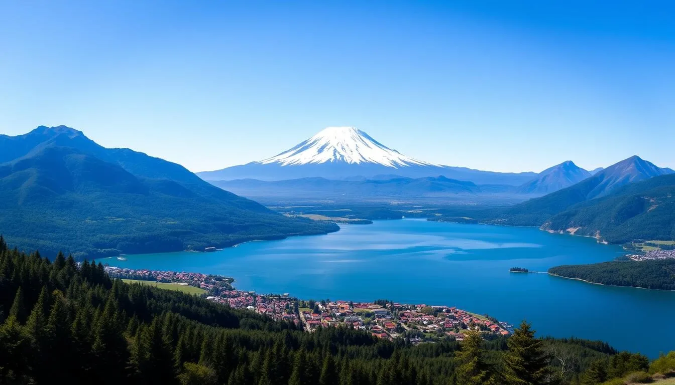 Panoramic view of Pucon with Villarrica Volcano in the background