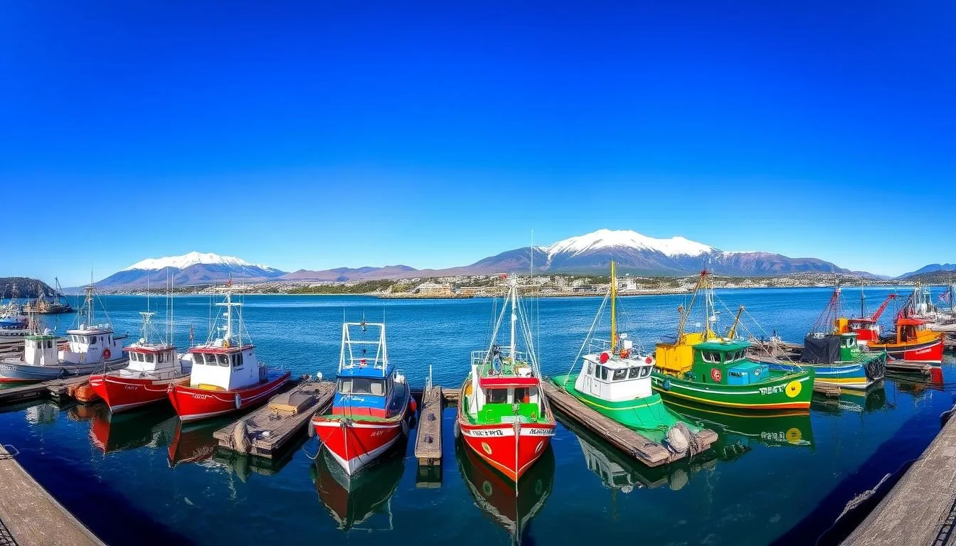 Panoramic view of Puerto Montt harbor with colorful fishing boats and the Andes Mountains in the background
