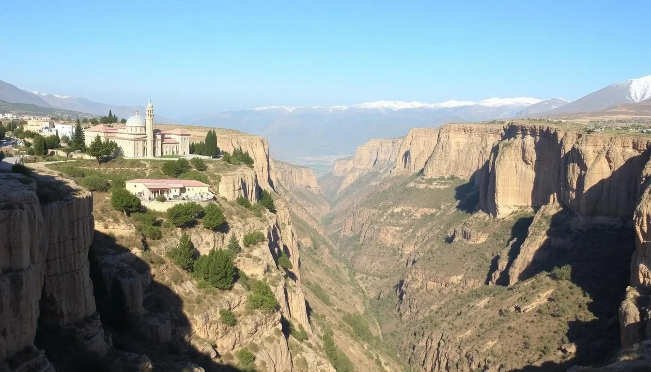 Panoramic view of Qadisha Valley showing the deep gorge with monasteries built into cliff faces and cedar trees dotting the landscape