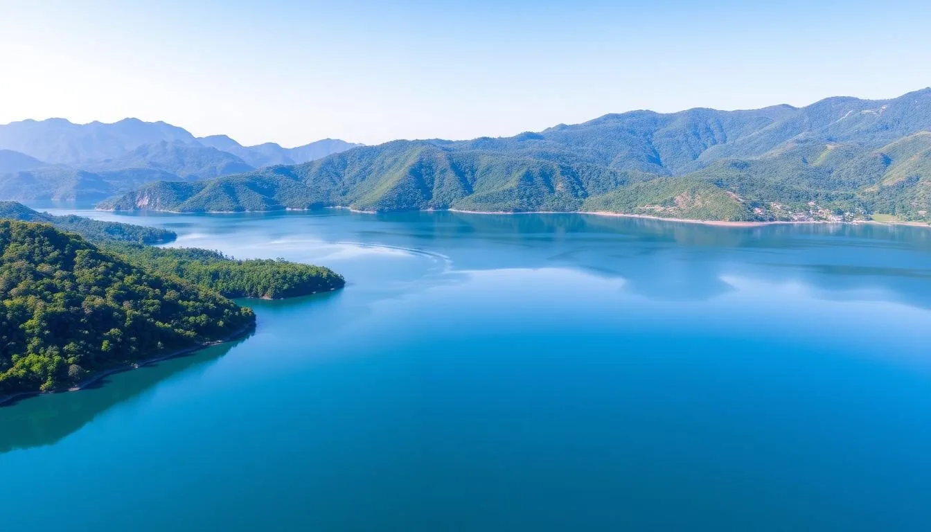 Panoramic view of Randenigala Reservoir in Sri Lanka with mountains in the background