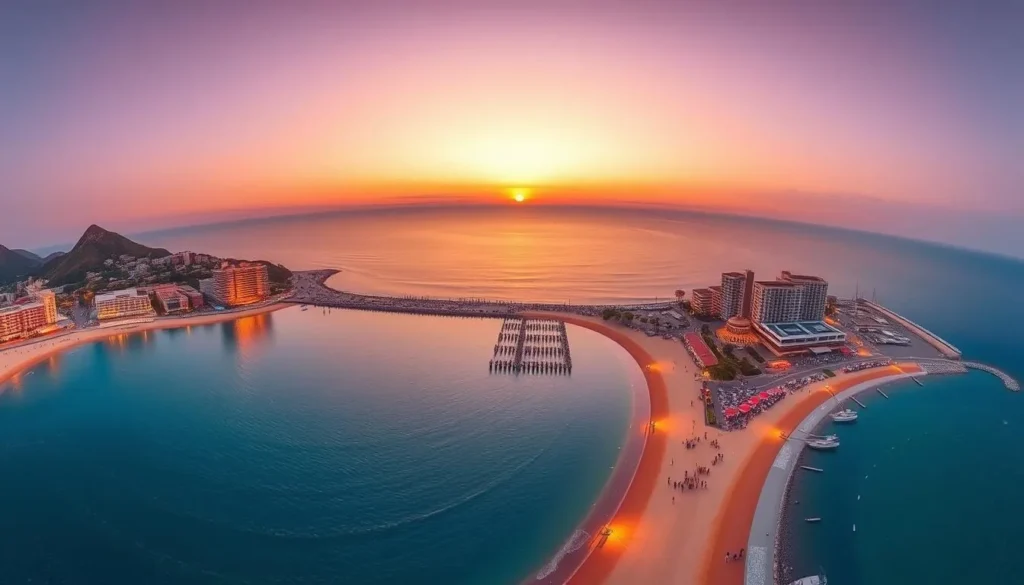 Panoramic view of Reñaca at sunset with beach, promenade, and coastal buildings illuminated by golden light