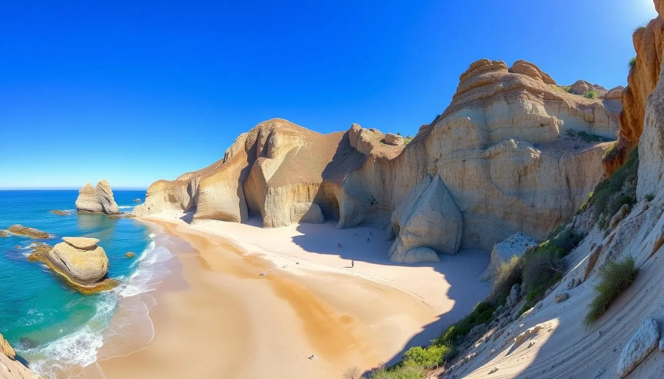 Panoramic view of Robert H. Meyer Memorial State Beach showing dramatic rock formations and clear blue waters