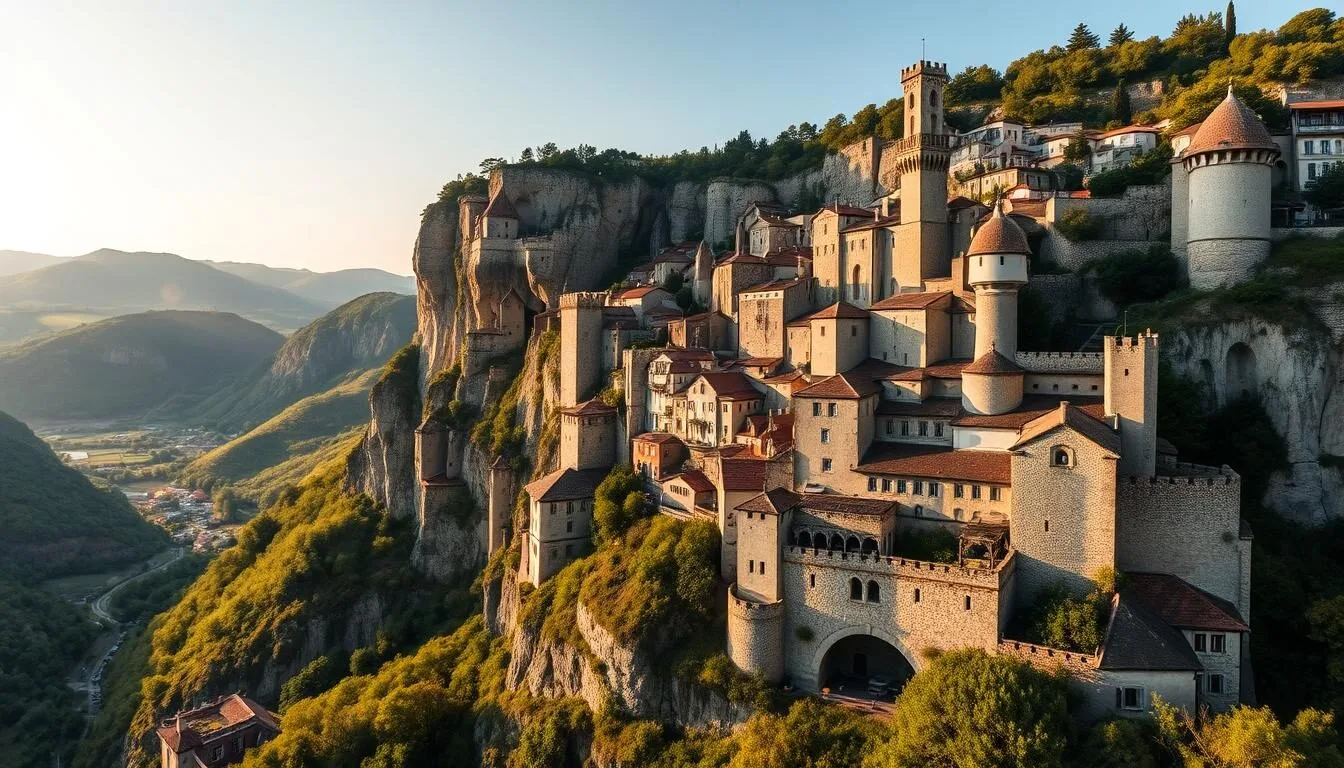 Panoramic view of Rocamadour village perched on limestone cliffs in France during golden hour