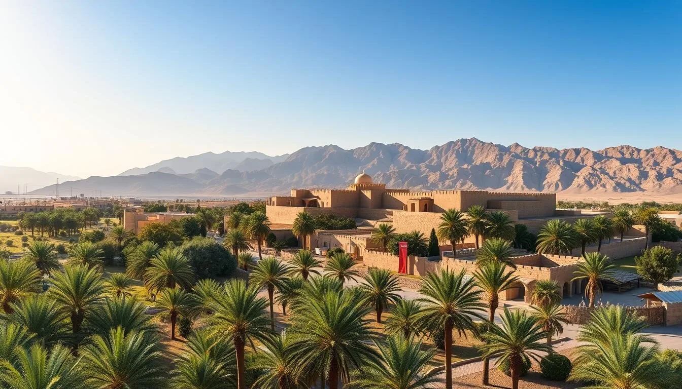 Panoramic view of Rustaq, Oman showing the historic fort surrounded by palm trees with mountains in the background