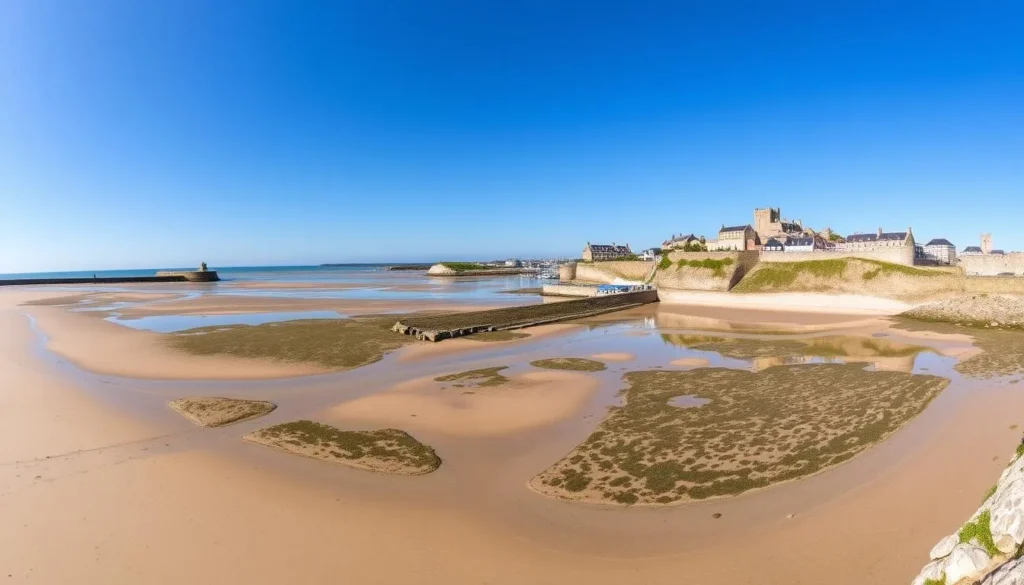 Panoramic view of Saint-Malo's ramparts, beaches, and tidal islands at low tide Panoramic view of Saint-Malo's ramparts, beaches, and tidal islands at low tide