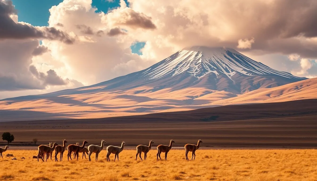 Panoramic view of Sajama National Park with Nevado Sajama volcano in the background and llamas grazing in the foreground