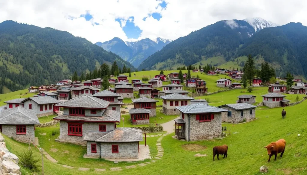 Panoramic view of Sakteng village with traditional houses and prayer flags against mountain backdrop