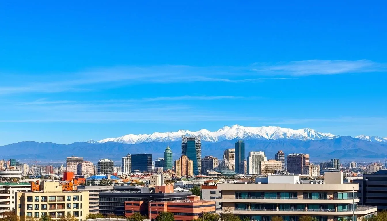 Panoramic view of Santiago Chile with Andes mountains in the background