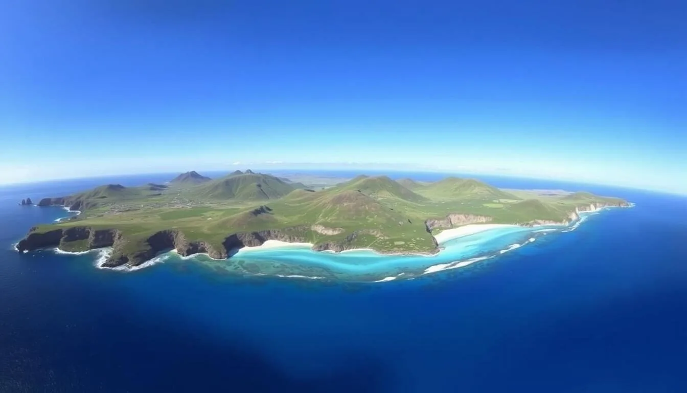 Panoramic view of Saunders Island, Falkland Islands showing dramatic coastline with white sandy beaches and green hills