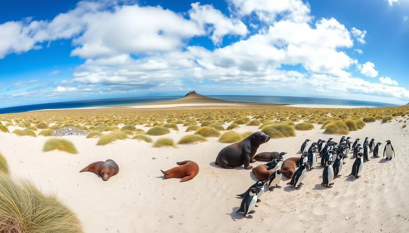 Panoramic view of Sea Lion Island's coastline with elephant seals and penguins visible on the beach