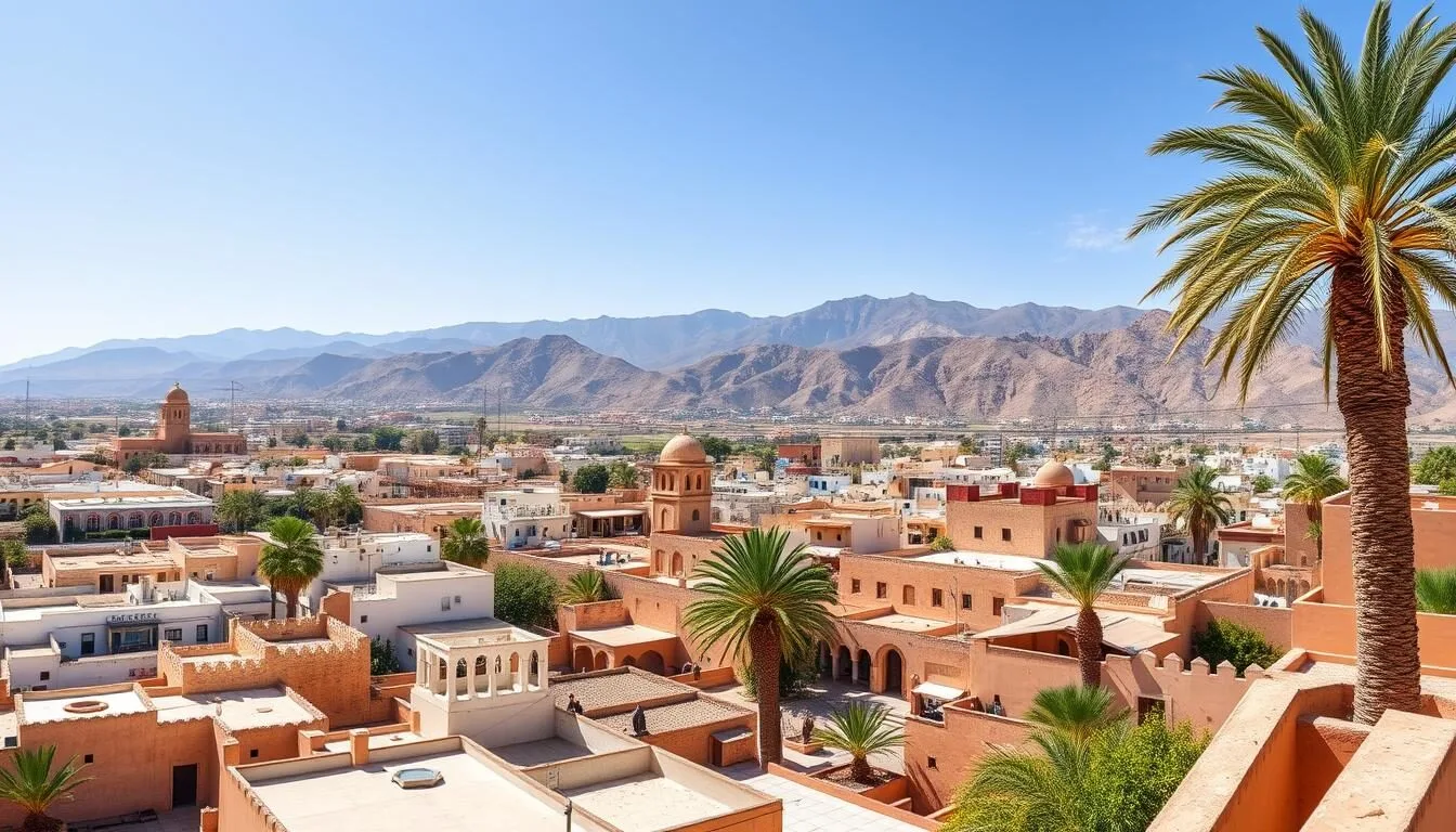 Panoramic view of Sidi Slimane city center with traditional Moroccan architecture and palm trees
