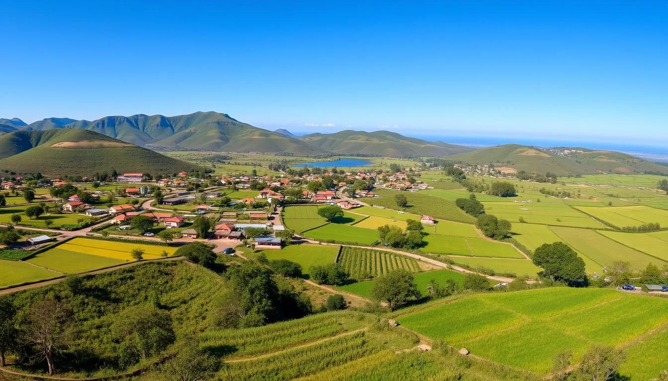 Panoramic view of Soavinandriana, Madagascar with traditional houses and lush green landscape