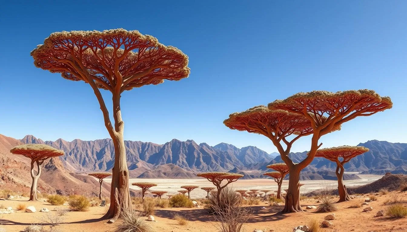 Panoramic view of Socotra Island showing Dragon Blood trees against a backdrop of mountains and blue sky