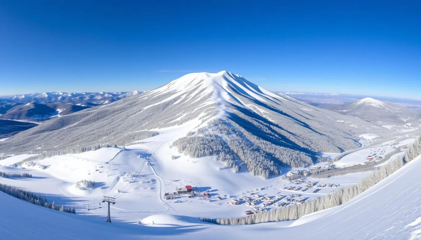 Panoramic-view-of-Stowe-Mountain-Resort-in-Vermont-with-Mount-Mansfield-in-the-background Panoramic view of Stowe Mountain Resort in Vermont with Mount Mansfield in the background during winter with fresh snow on ski trails