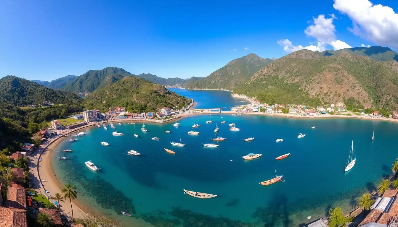 Panoramic view of Taganga bay with fishing boats and mountains in the background