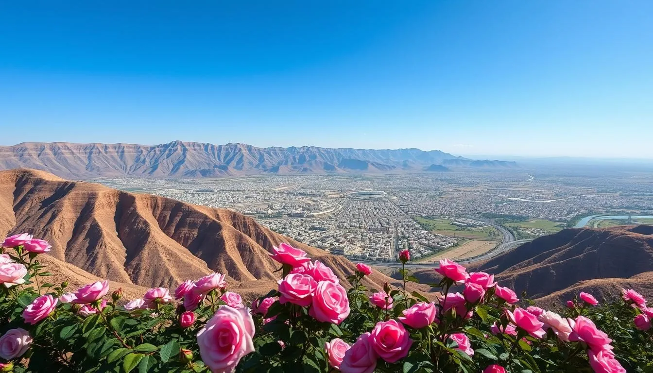 Panoramic-view-of-Taif-city-with-mountains-in-the-background-and-rose-gardens-in-the-foreground Panoramic view of Taif city with mountains in the background and rose gardens in the foreground