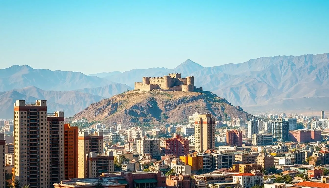 Panoramic view of Taiz city with Al-Qahira Castle perched on the mountain and traditional Yemeni buildings below