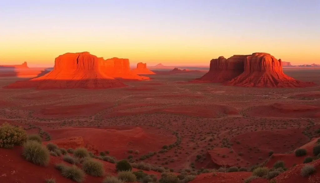Panoramic view of Talampaya National Park at sunset with dramatic red rock formations Panoramic view of Talampaya National Park at sunset with dramatic red rock formations