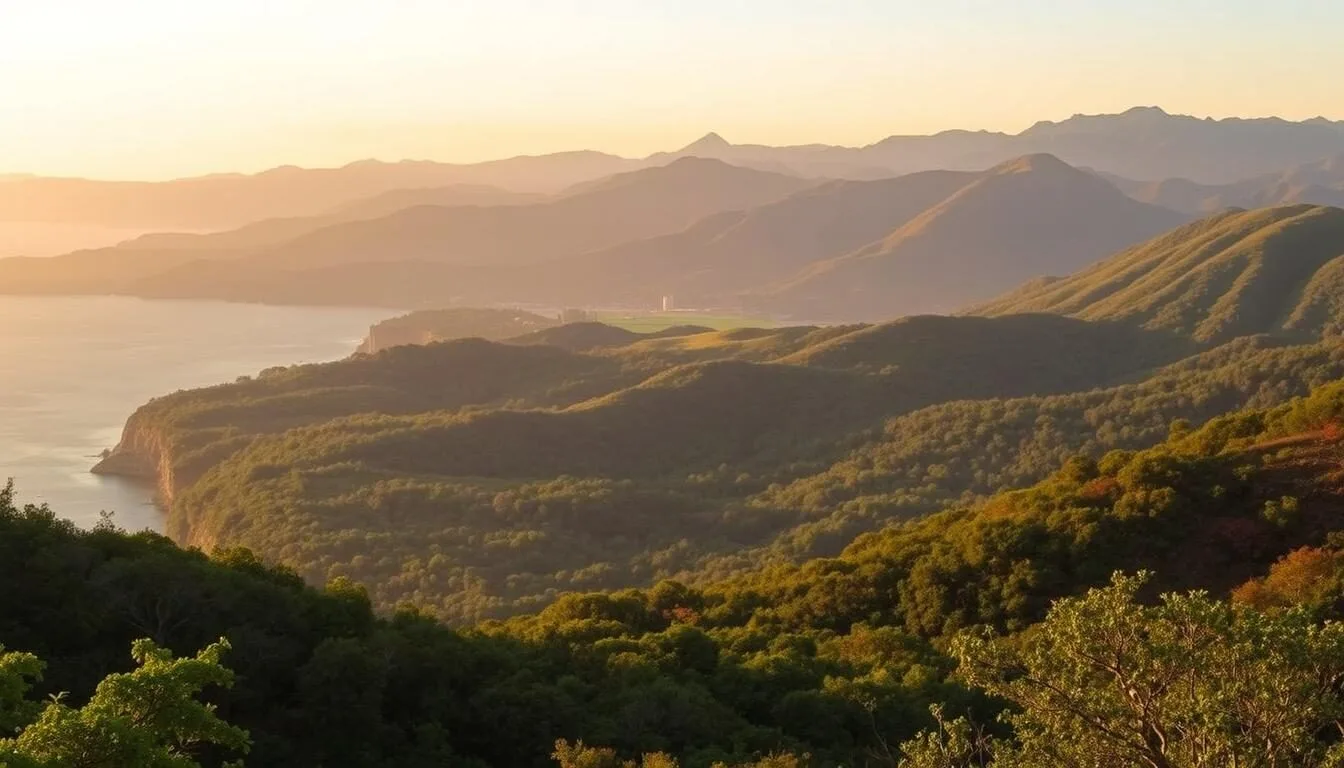 Panoramic view of Tamaulipas landscape showing mountains, forests and coastline