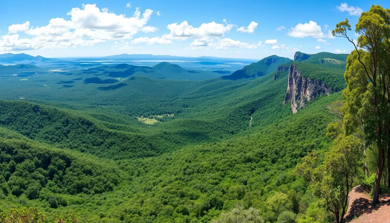 Panoramic view of Tambourine Mountain rainforest and valleys on a sunny day