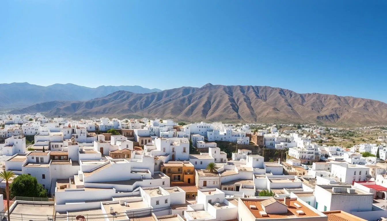 Panoramic view of Tetouan's white medina with the Rif Mountains in the background