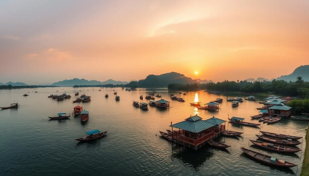 Panoramic view of Tha Ngon Lake at sunset with floating restaurants