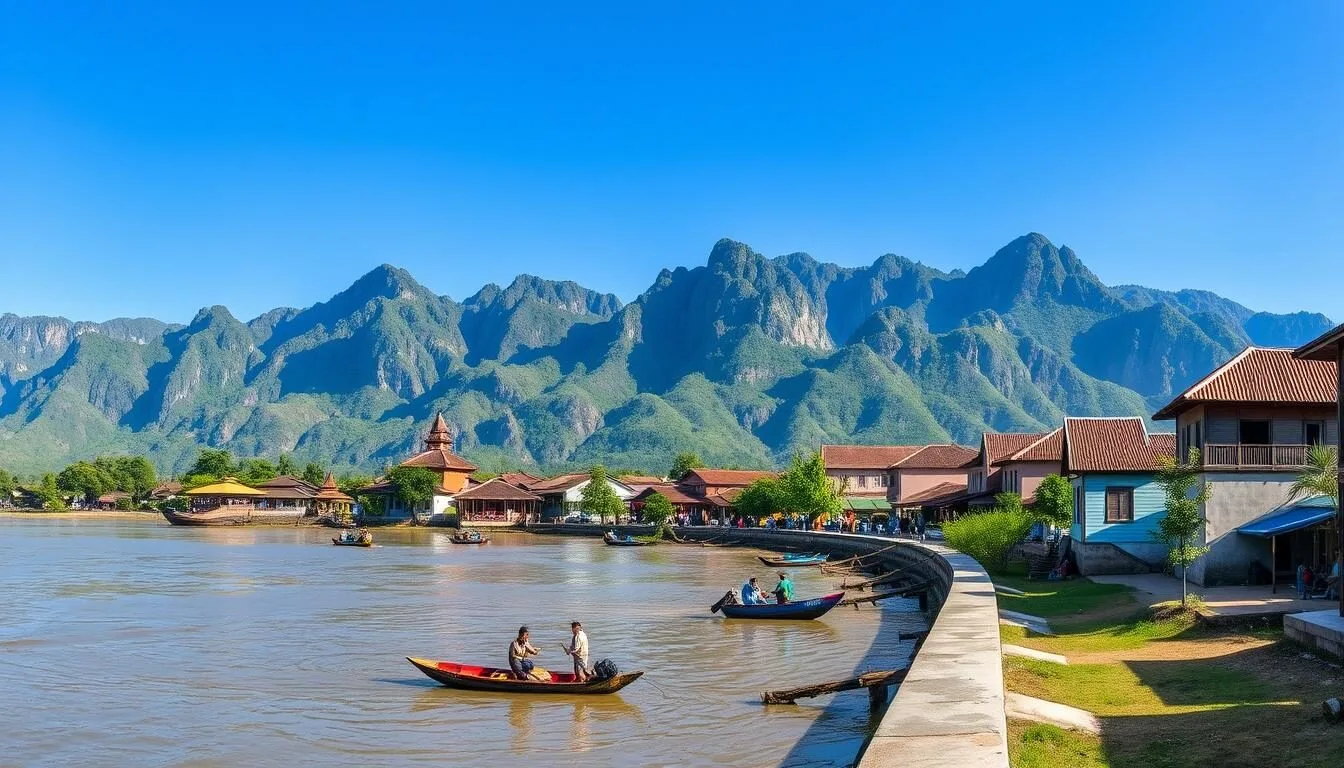 Panoramic view of Thakhek town with limestone karst mountains in the background