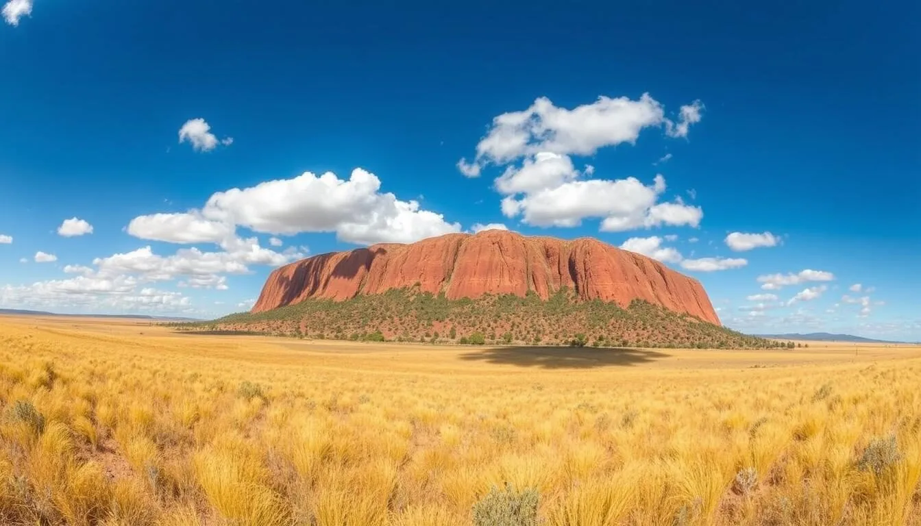 Panoramic view of The Rock Nature Reserve rising above the plains in New South Wales