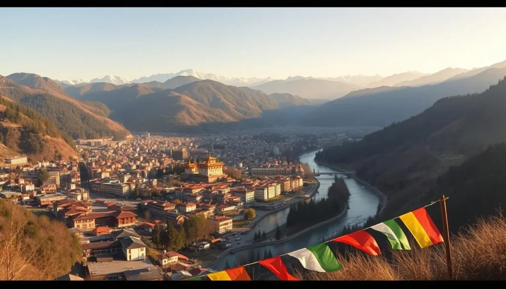 Panoramic view of Thimphu valley with traditional buildings and surrounding mountains
