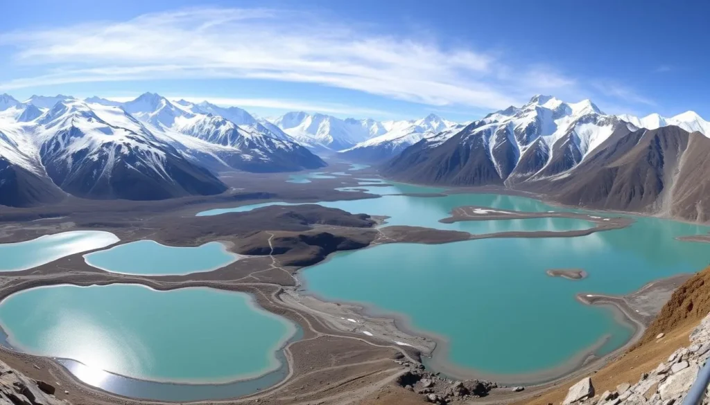 Panoramic view of Thorthormi Lake showing its multiple glacial ponds and surrounding peaks