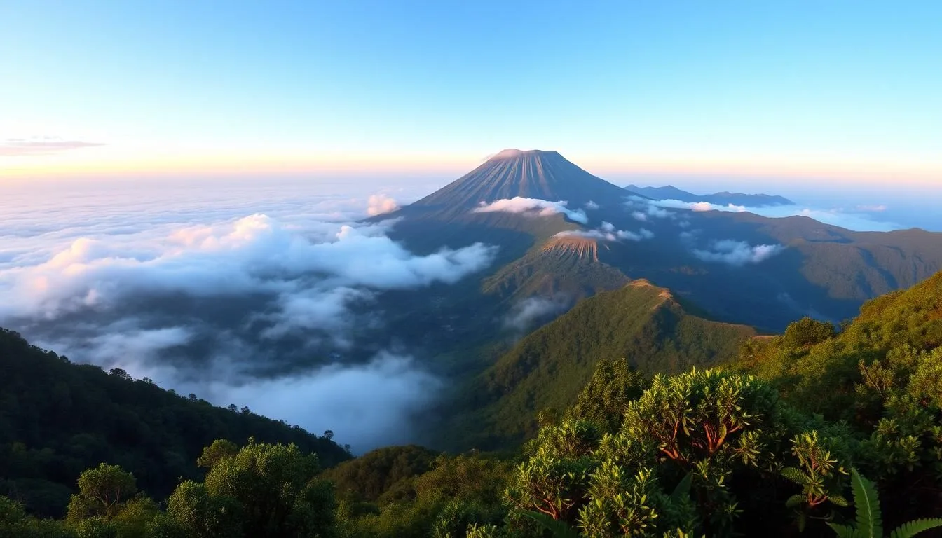 Panoramic view of Thotupola Kanda, Sri Lanka's third-highest mountain peak shrouded in morning mist