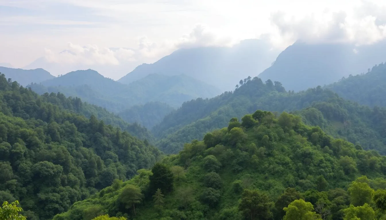 Panoramic view of Thrumshingla National Park showing diverse landscapes from alpine forests to rolling hills