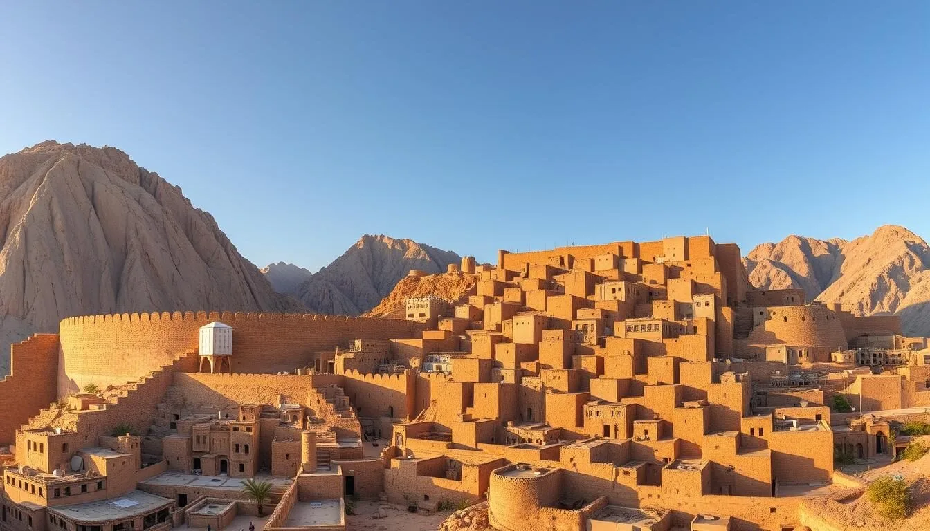 Panoramic view of Thula Yemen showing the ancient stone city nestled against a pink granite cliff with its historic wall visible
