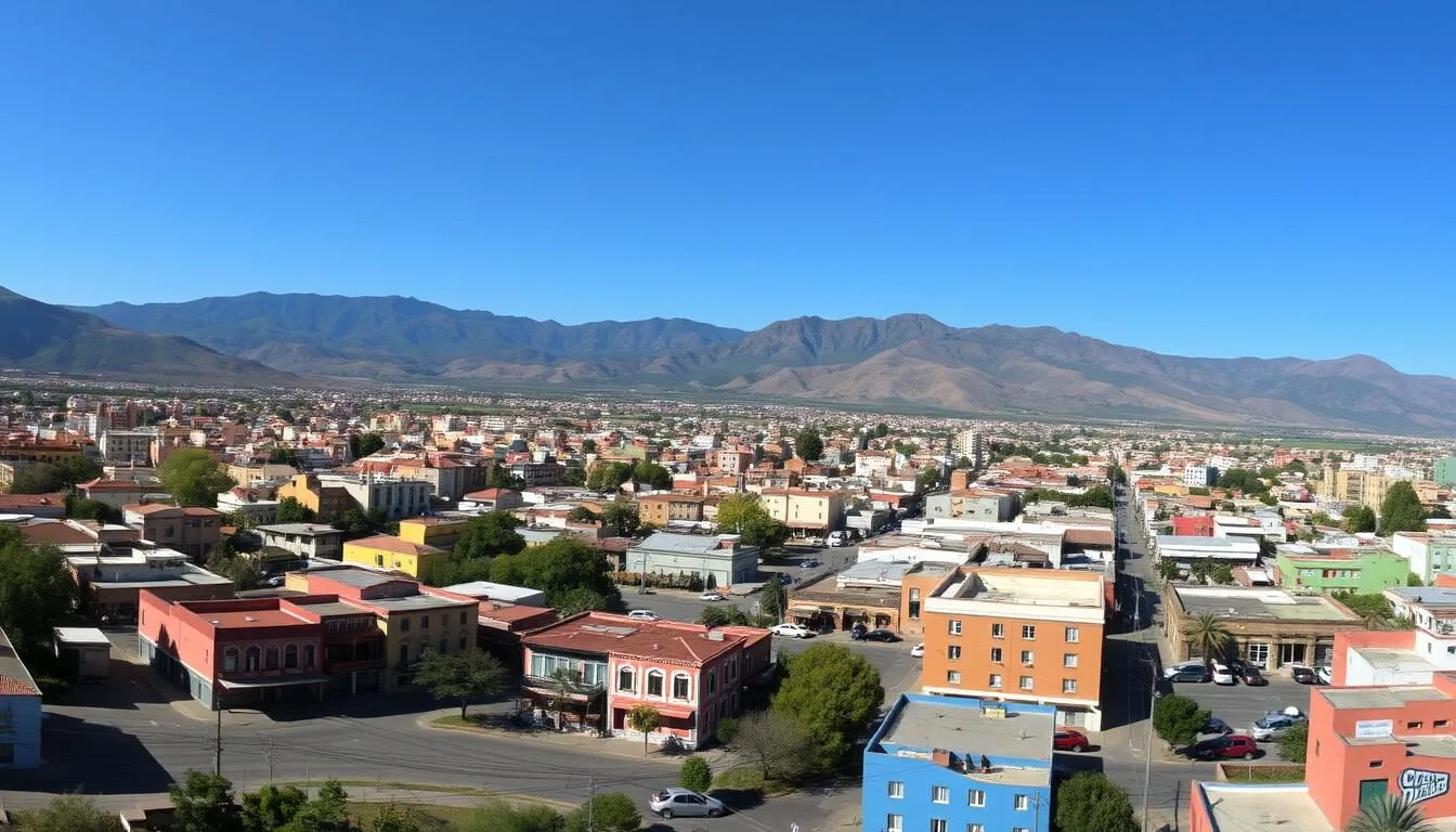 Panoramic-view-of-Tlalnepantla-de-Baz-with-mountains-in-the-background-and-colorful-buildings Panoramic view of Tlalnepantla de Baz with mountains in the background and colorful buildings in the foreground