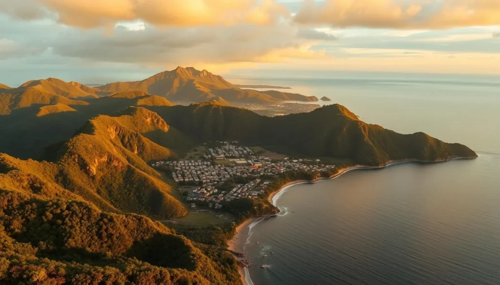 Panoramic view of Tolanaro peninsula at sunset showing the meeting of forest, mountains and ocean