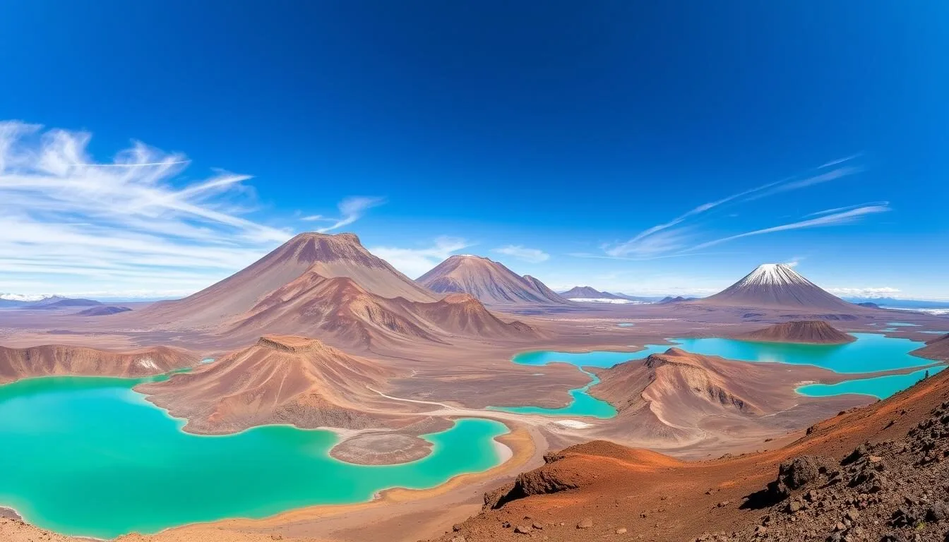 Panoramic-view-of-Tongariro-National-Park-showing-the-three-volcanoes-and-emerald-lakes-on-a Panoramic view of Tongariro National Park showing the three volcanoes and emerald lakes on a clear day