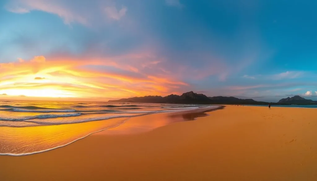 Panoramic view of Tonsupa Beach at sunset with mountains in the background and people enjoying the beach