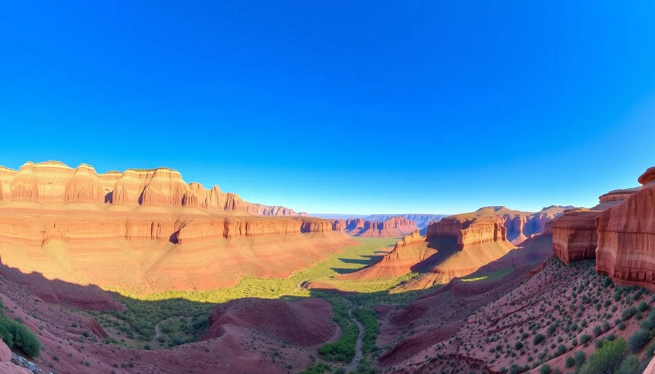 Panoramic view of Toro Toro National Park canyon landscape with red rock formations and green vegetation