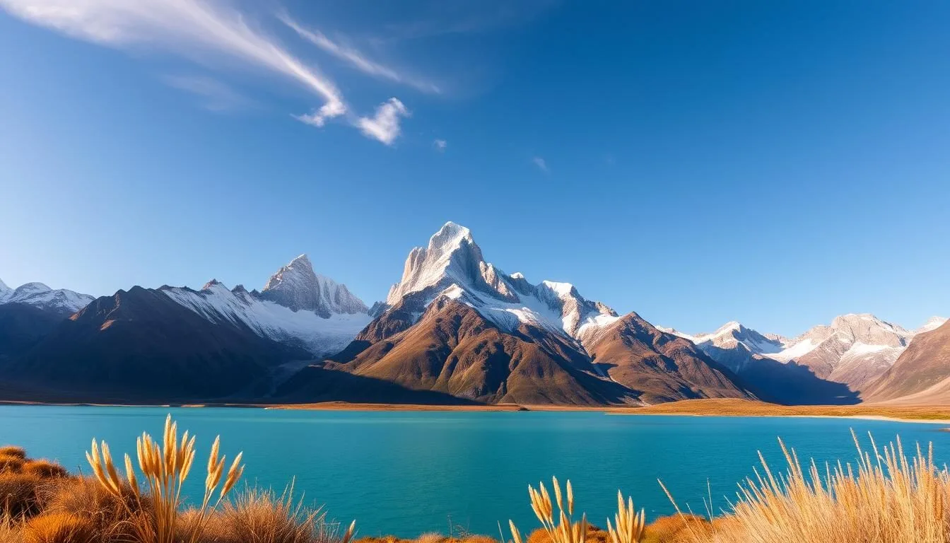 Panoramic view of Torres del Paine National Park showing the iconic granite towers rising above a turquoise alpine lake on a clear day