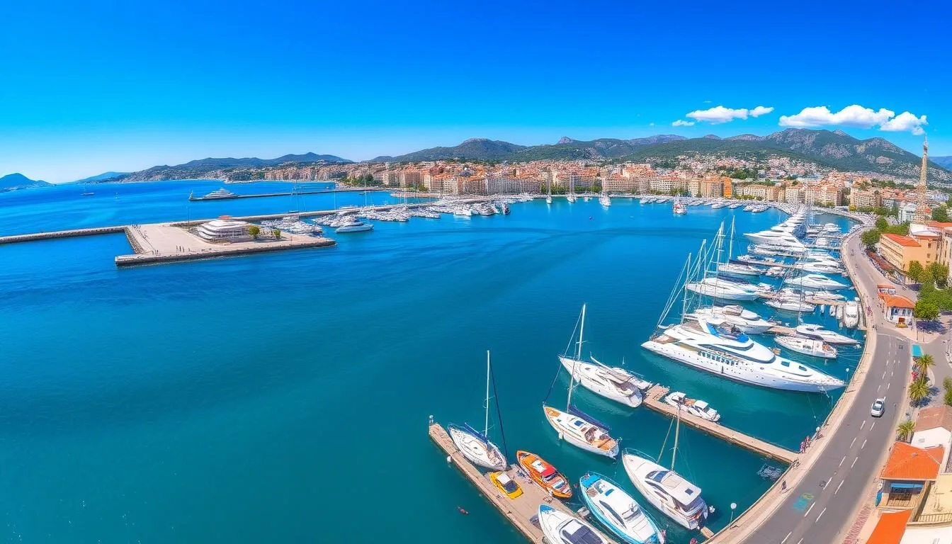 Panoramic view of Toulon harbor with boats and mountains in the background on a sunny day