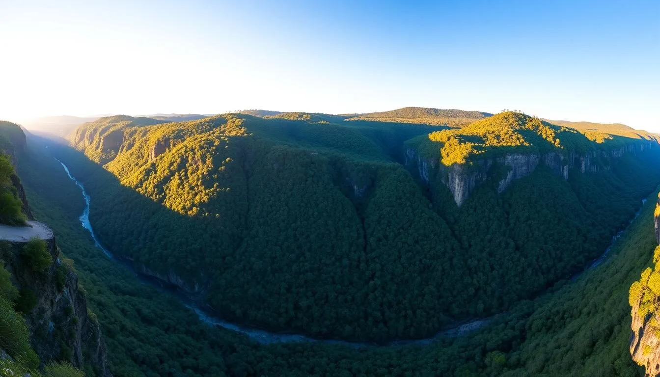 Panoramic view of Tully Gorge National Park showing the deep gorge carved by Tully River surrounded by lush rainforest